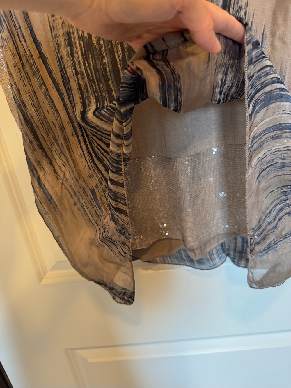 Tempo Paris Taupe and Blue Striped Silk Poncho Lined with Sequin Trim. - Picture 9 of 11